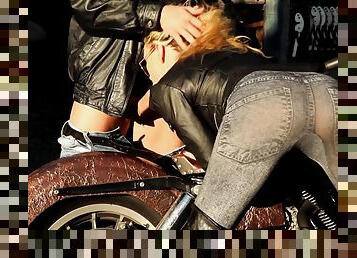 Trendy biker babe Jazy Berlin bent over a motorcycle and pounded hard