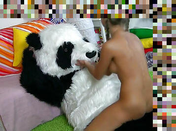 Sexy blonde fucking a giant panda