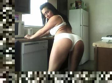 Hot Brunette Naomy Waters in White Panties Shaking Her Butt in the Kitchen