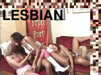 Four lesbian girls have a pussy licking party on the sofa