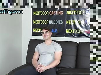 Buff geek jerking off during casting