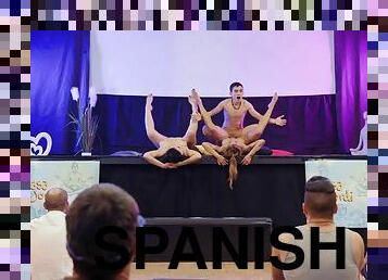 Two passionate yoga babes getting fucked by young Spanish dude on stage