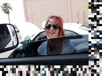 Pierced redhead Alessa Snow enjoys MMF threesome sex in a car