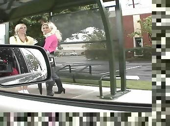 Blondes at the bus stop get picked up to make lesbian porn