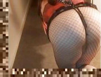 Walking and teasing In my red corset and fishnet pantihose