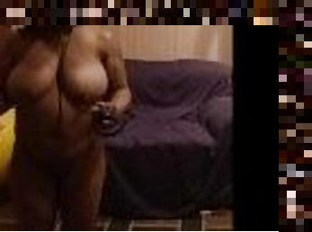 gros-nichons, nudiste, amateur, ébène, milf, black, solo