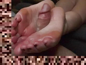 Night time footjob thick cumming