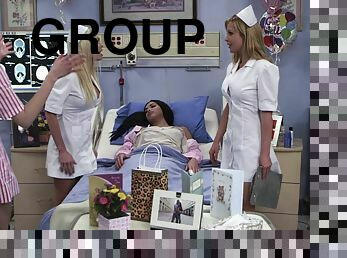 Long haired nurses in uniform get wild sharing one cock in group sex