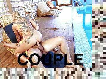 Hottie with a full back tattoo gets slammed hard by the pool