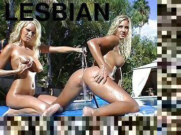 Sexy blondes Nikki Jayne & Hanna Hilton have lesbian fun on a poolside