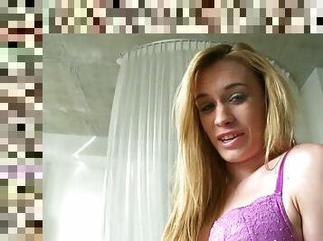 Blonde cutie Daisy Woods enjoys toying her pussy in solo clip