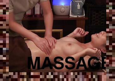 She gets massaged then fingered and fucked by a female masseuse
