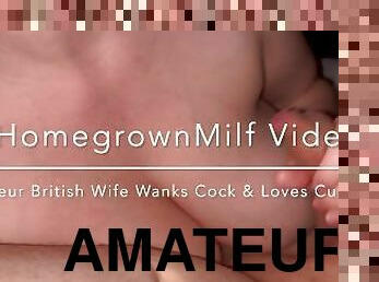 Amateur British MILF gives handjob and loves cum on her tits