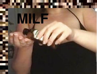 Sexy Milf Stripping Rubbing Oil on Big Tits Amateur