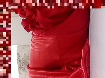 Red satin long dress pleasure and cum