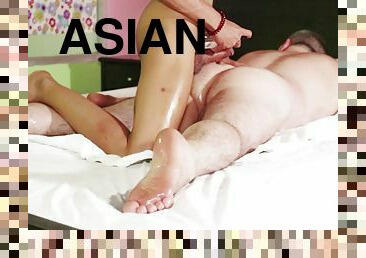 Sexy Asian ladyboy Nan gives a massage where she fucked her customer anal