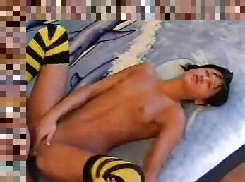 Bumble bee socks on teen having anal sex