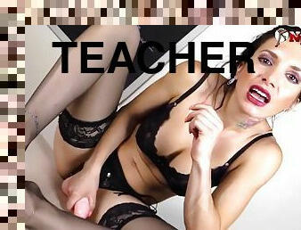Teacher in stockings and strapon dominates you with her feet