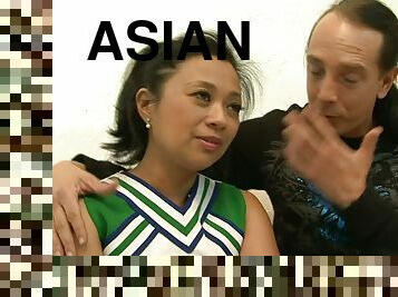 Asian cheerleader gets her hairy pussy fucked hard