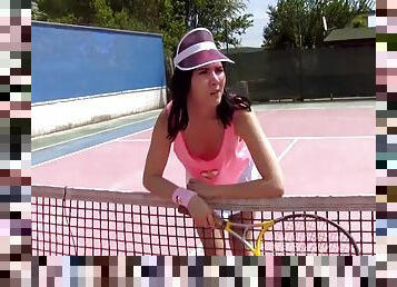 Cute tennis player plays with her pulsating cock craving cunt