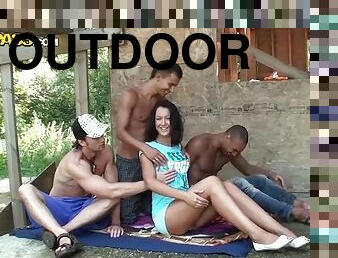 Outdoor Gangbang With A Really Horny Teen Brunette