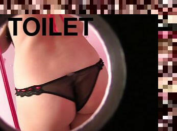 Charming vixen in sexy panties deepthroats a gloryhole cock in the toilet