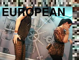 Skimpy dressed European girls getting soaking wet while dancing