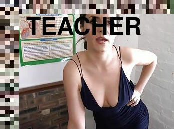 Your teacher bends over to tease you with cleavage