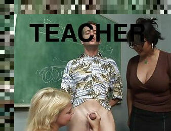 Doting female teachers stripping their male counterpart before giving him a superb blowjob in the office