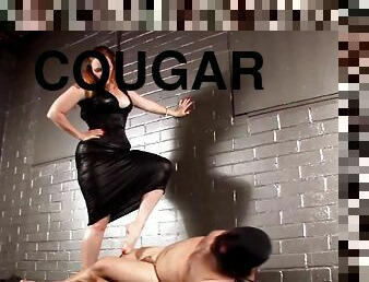 Latex-clad cougar with a chubby body torturing a stranger