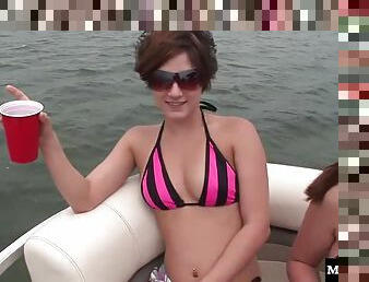 Dick craving chicks on a boat show off their perky tits