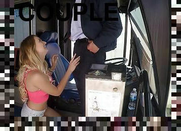 Babe on a bus wants to play with a randy driver's stiff boner
