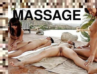 Four girls on the beach take off their bikinis and massage each other