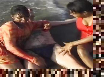 lucky man enjoys a indian sex orgy on the beach with two desi teens