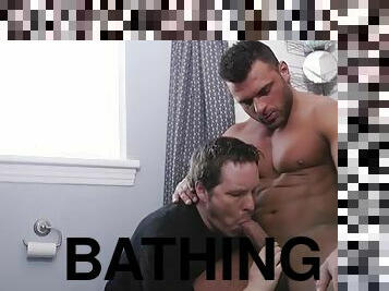 Thickly muscular guy blown in the bathroom