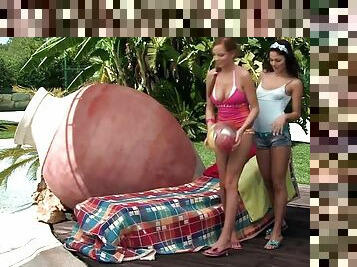 Playful lesbians have an amazing sex by the poolside