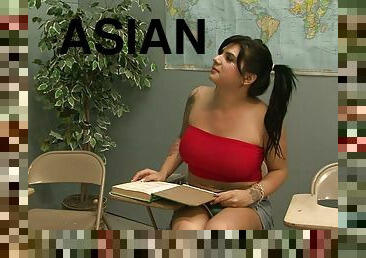 Pigtailed tranny fucks her Asian teacher in a classroom