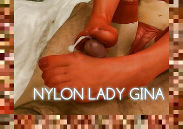 Nylon Lady Gina, red nylon feet, footjob