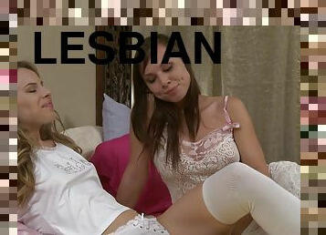 Slim lesbian pornstar hotties fingering lustily in bed