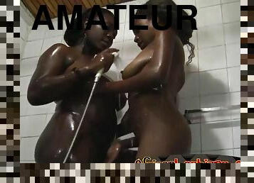 baignade, amateur, ébène, lesbienne, douche, africaine