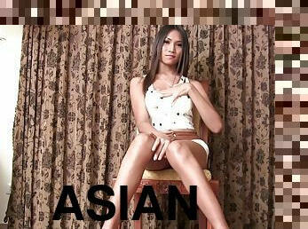 Sexy Asian tranny with big tits strokes her impressive cock