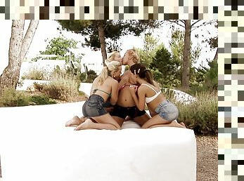 Four fun loving lesbians have hot group sex outdoors