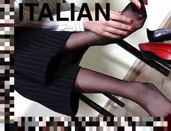 collants, secrétaire, pieds, lingerie, italien, fétiche, brunette, en-nylon