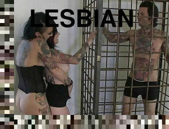 Hot dude is suffering while two punk lesbians fuck each other