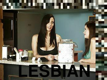 Fancy lesbian pornstars with long hair fingering each other