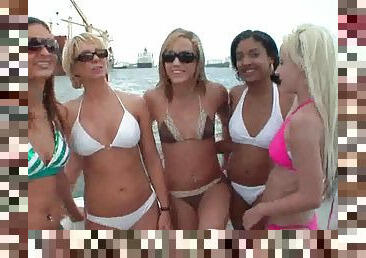 Group of college lesbians licking and fingering each other on a boat