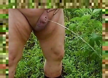Fat Man Flaccid Cock pee Outside Naked