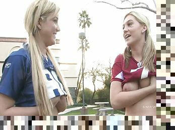 Alison Angel and her GF show their awesome tits in a park