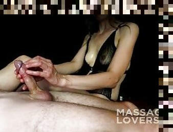 Lingam massage turns sexy masseuse on she cums gently and gives a handjob till the last drops