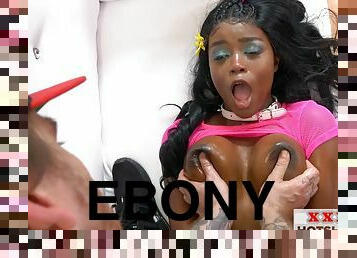Submissive Oiled Ebony Throat And Big Hooters Nailed